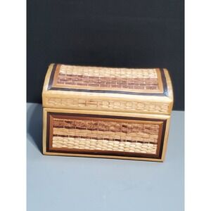 Vintage Bamboo Wooden Recipe Box Organizer Woven Inlay Lid Hinged Velvet lined